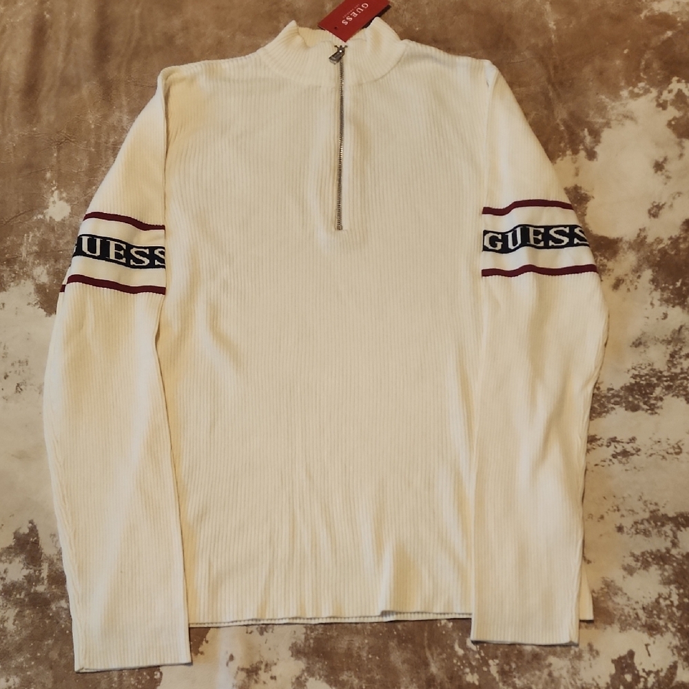 NWT Guess Cream Ribbed Zip-Up Turtleneck Long Sleeve Top. Size: L